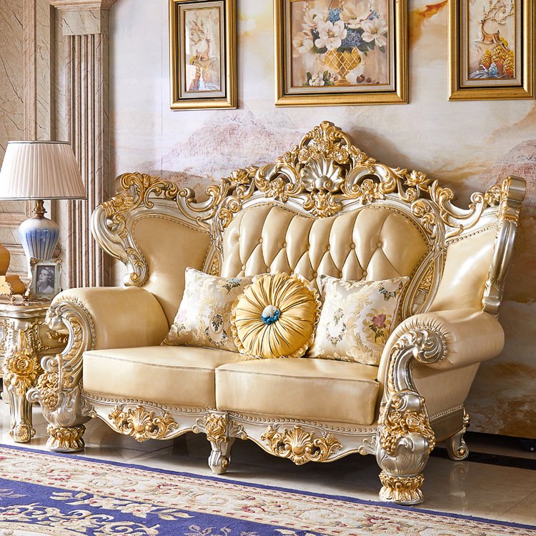 MR European Royal Luxury Villa Living Room Sofa Set Large Sized Solid Wood Carving Sofas with Noble Gold Finish Home Furniture