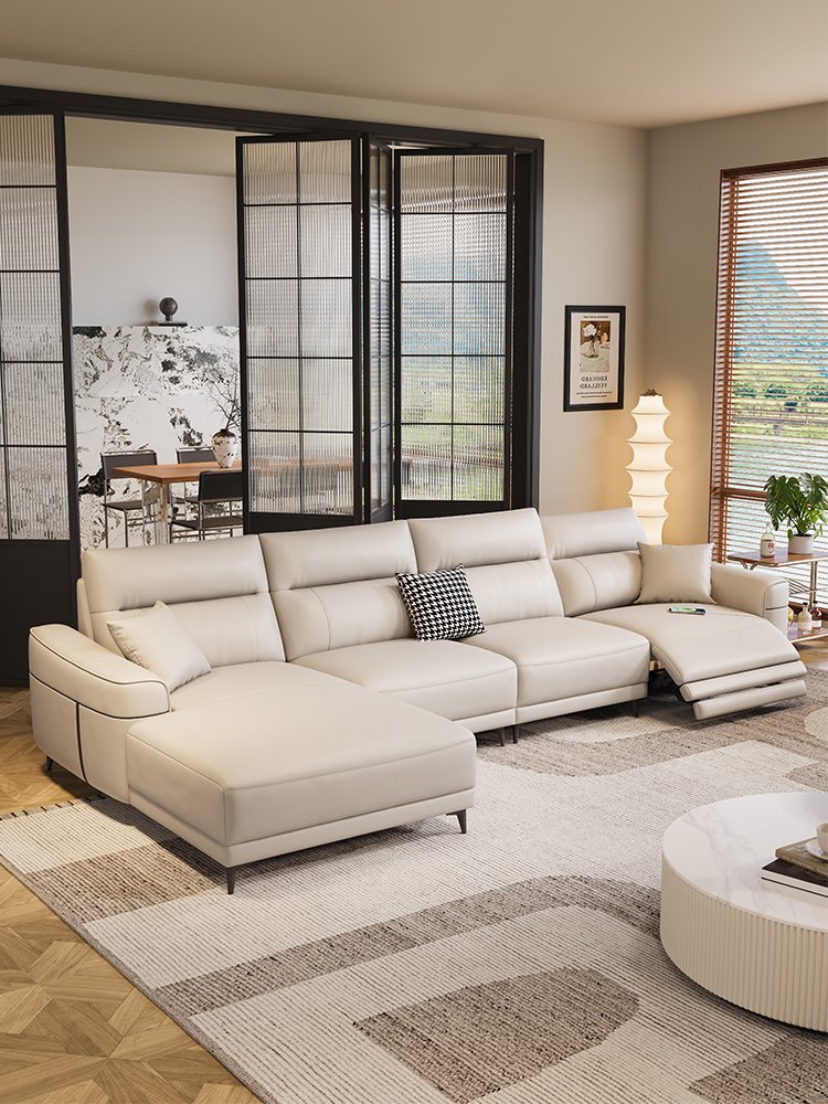 Electric retractable function leather sofa Italian minimalist living room small unit straight row three or four seater sofa