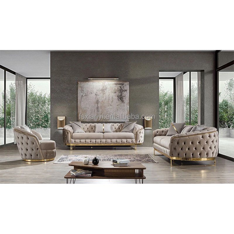 Luxury design living room velvet metal legs feet sofa set furniture genuine leather sofas