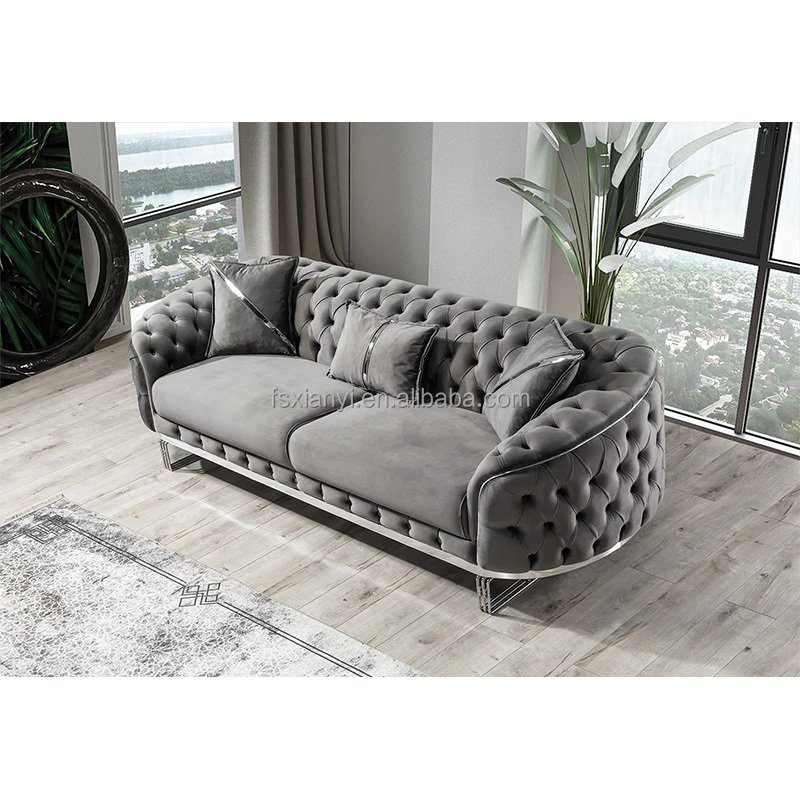Luxury design living room velvet metal legs feet sofa set furniture genuine leather sofas