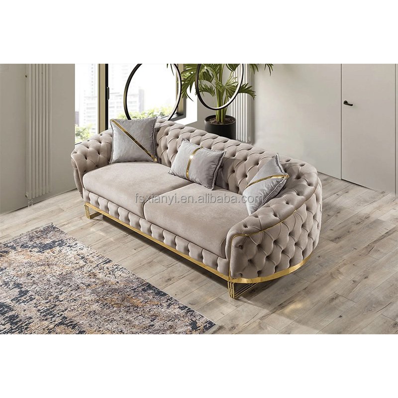 Luxury design living room velvet metal legs feet sofa set furniture genuine leather sofas