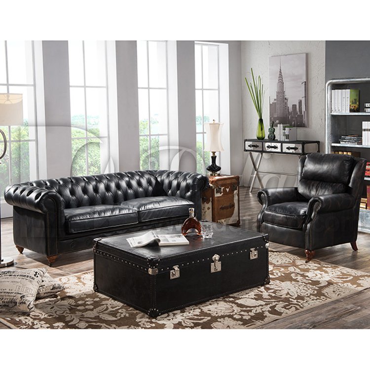 Antique Leather Chesterfield Living Room Sofa Set Luxury