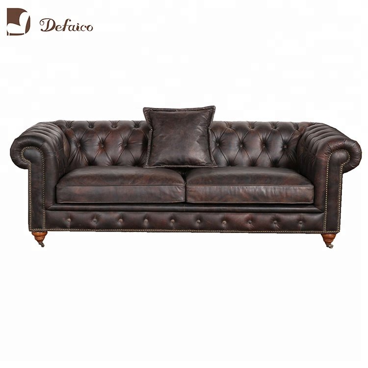 Antique Leather Chesterfield Living Room Sofa Set Luxury