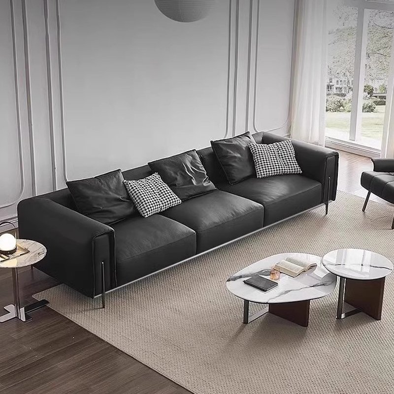 2024 New Custom High-End Black Leather Luxury 3-Seater Living Room Sofa Set Large Size Genuine Leather Couch Modern Living Room