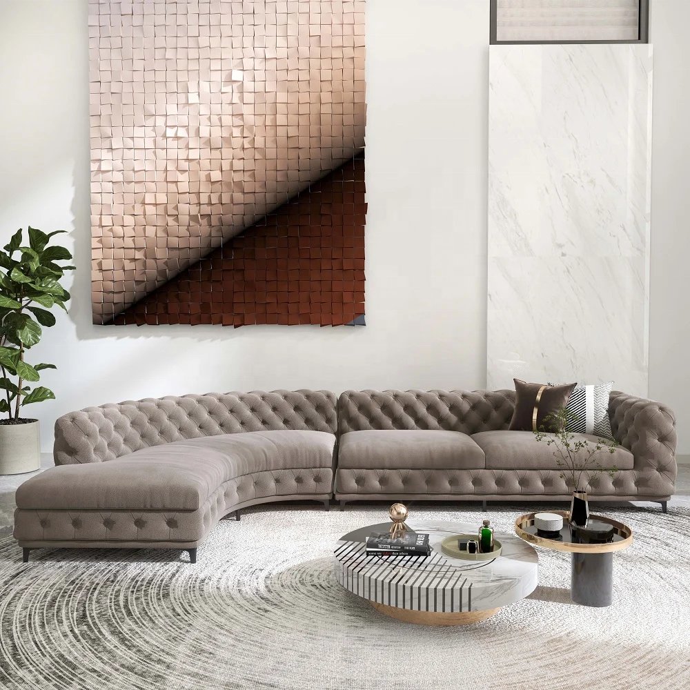 Curved Dark Khaki Sectional Chesterfield Sofa 5-Seater Upholstered Velvet Stainless Steel Leg