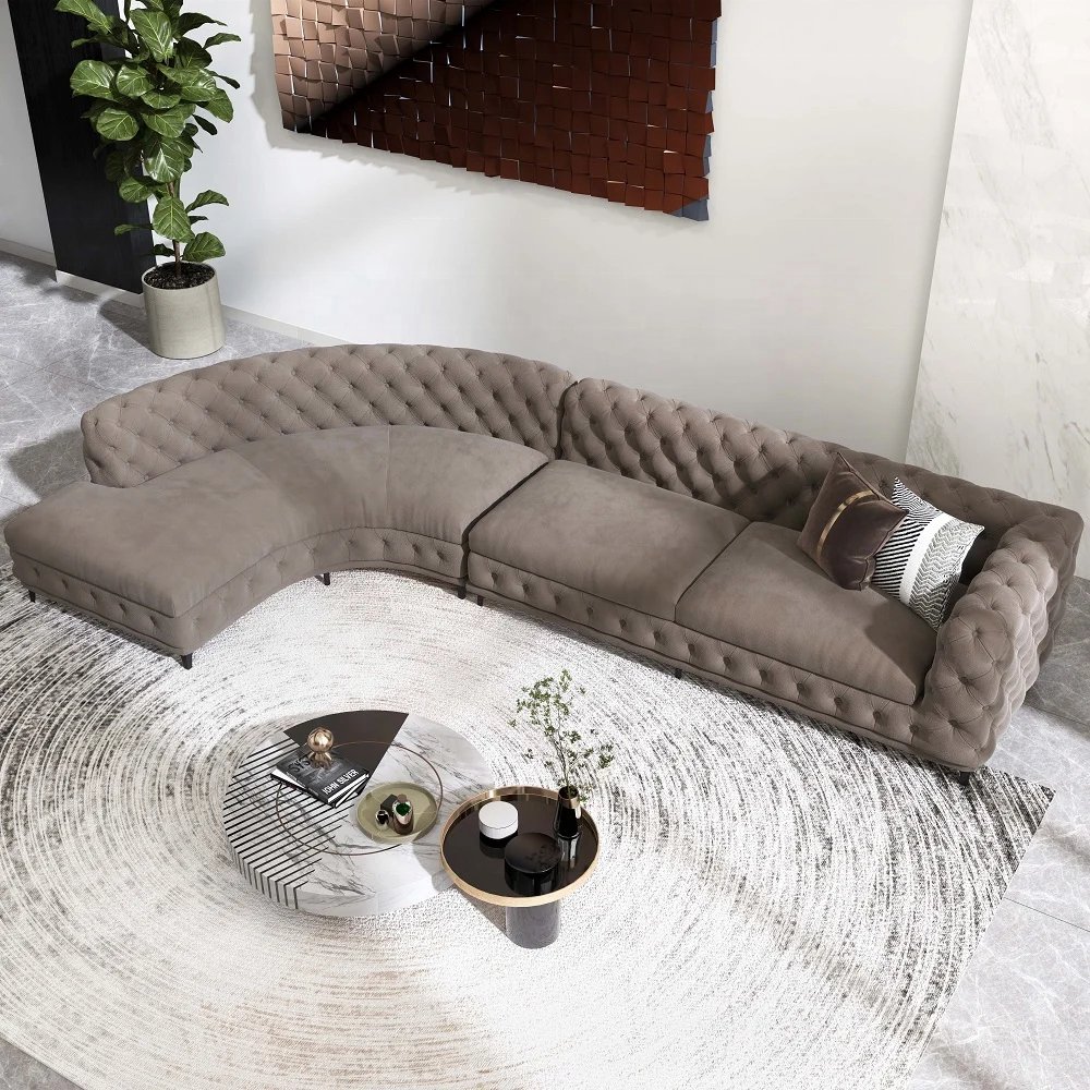 Curved Dark Khaki Sectional Chesterfield Sofa 5-Seater Upholstered Velvet Stainless Steel Leg