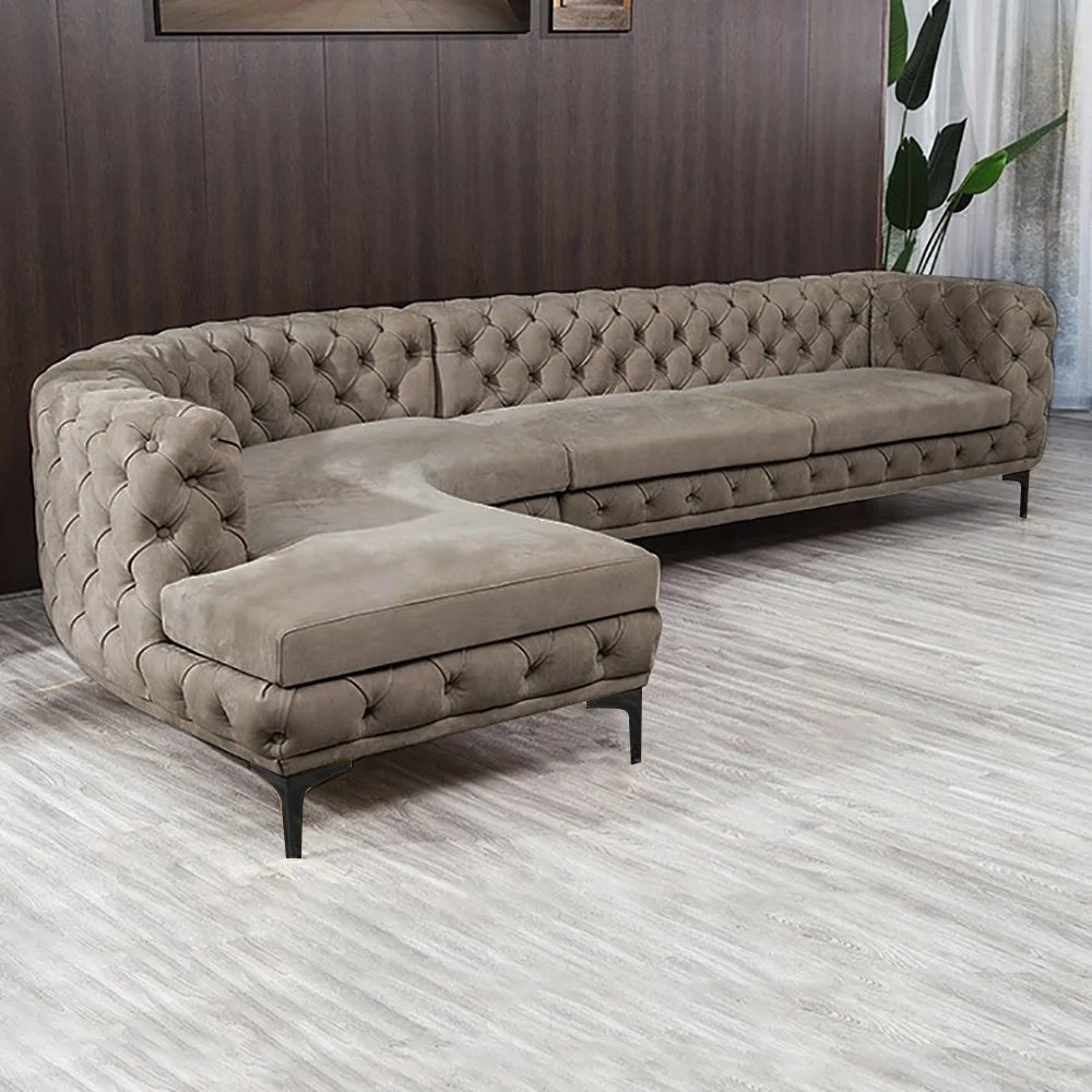 Curved Dark Khaki Sectional Chesterfield Sofa 5-Seater Upholstered Velvet Stainless Steel Leg