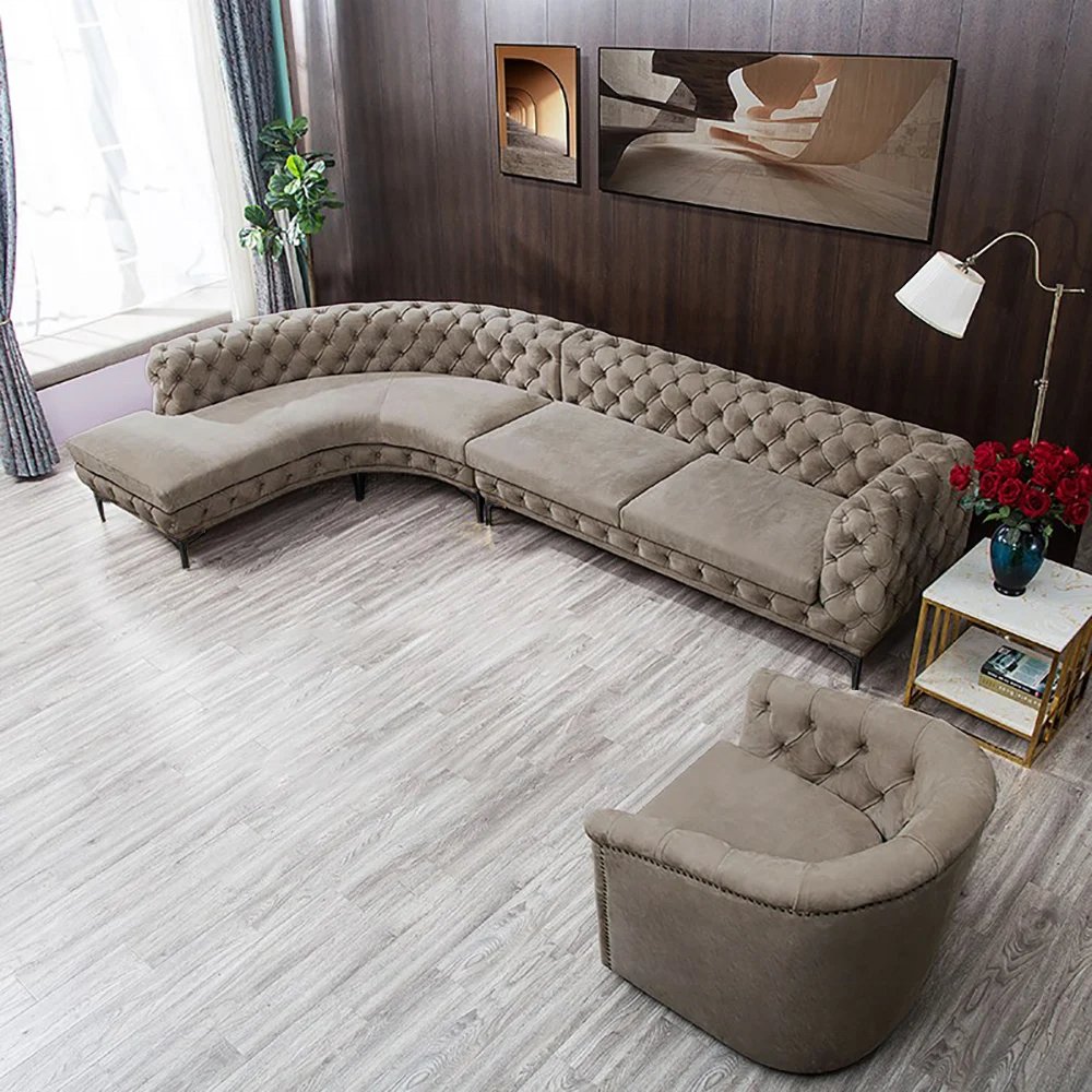 Curved Dark Khaki Sectional Chesterfield Sofa 5-Seater Upholstered Velvet Stainless Steel Leg