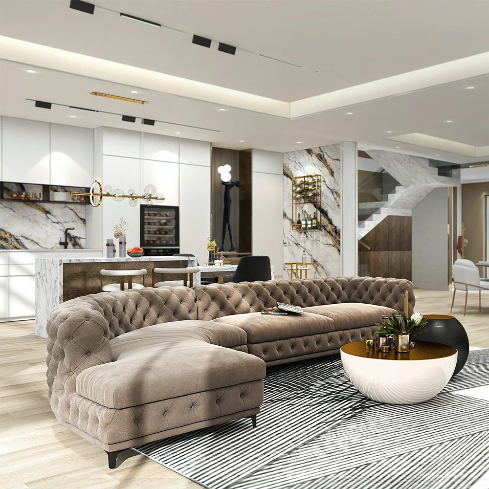Curved Dark Khaki Sectional Chesterfield Sofa 5-Seater Upholstered Velvet Stainless Steel Leg