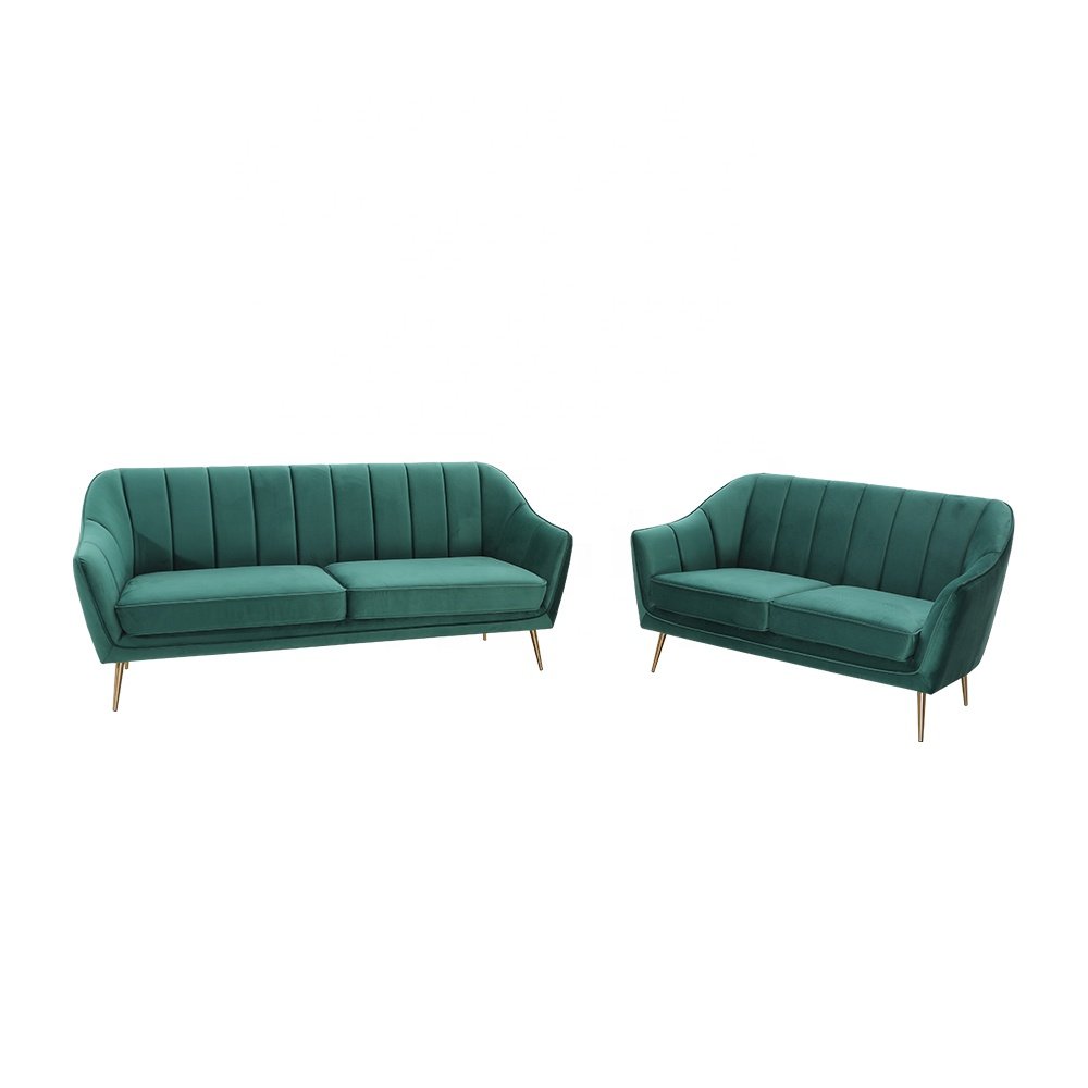 Modern stylish green velvet comfortable sitting feeling gold metal leg living room sofa set
