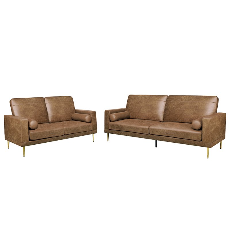 high quality modern design PU faux leather brown sofa couch metal legs 2 seater living room sofa set