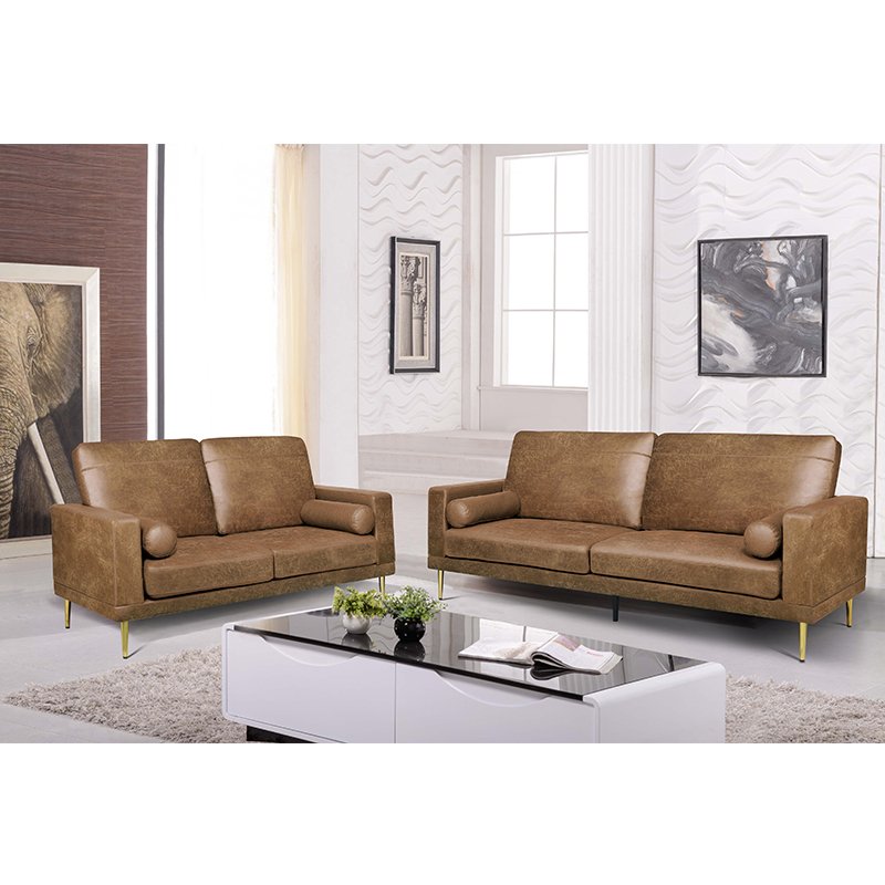 high quality modern design PU faux leather brown sofa couch metal legs 2 seater living room sofa set