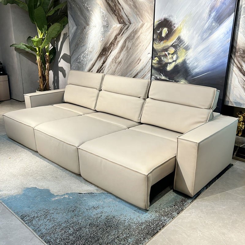 Modern Luxury European Design Electric Recliner Bench Sofa Set Genuine Leather Remote Control Solid Wood Frame Villas Dining