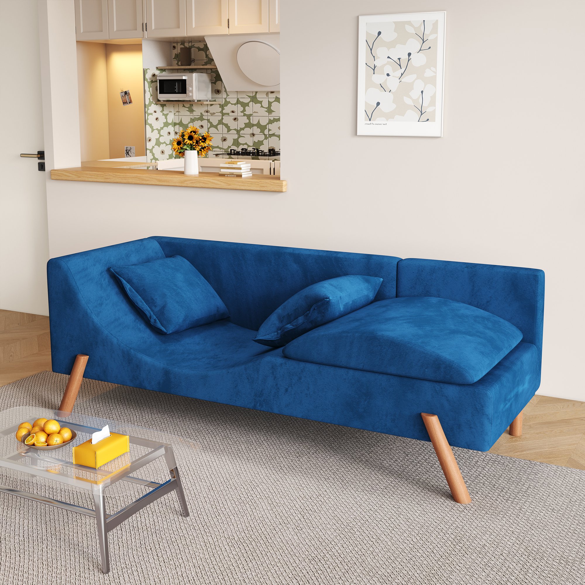 2024 Cut-and-fill chaise longue, convertible multifunctional loveseat sofa blue living room furniture sofa sofa bed