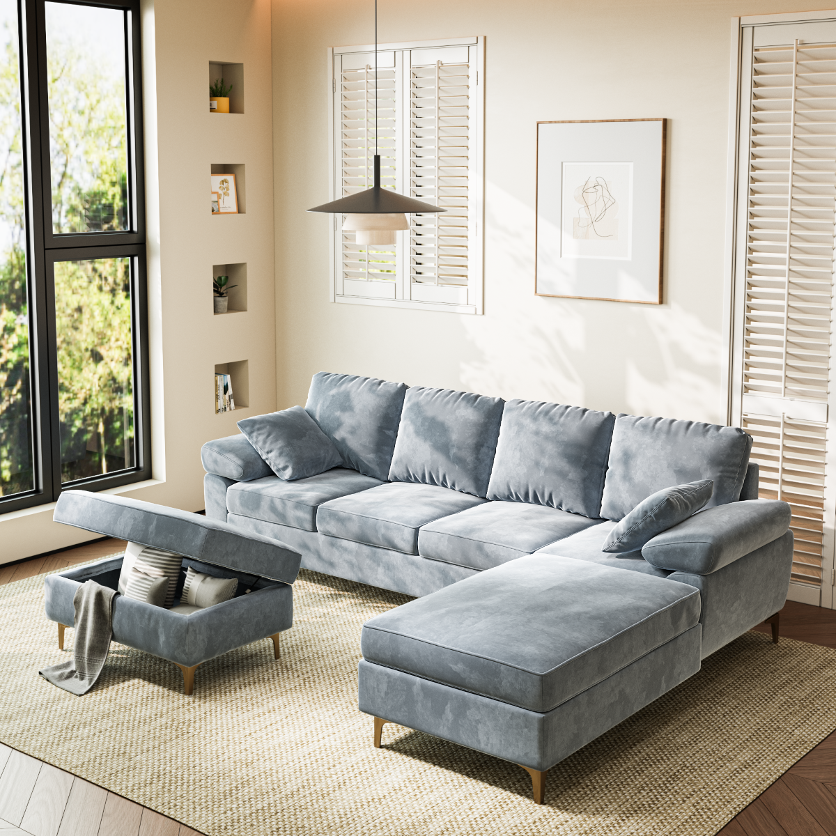 3 Seat L-Shaped Sofa With Linen Fabric Sectional Sofa Couch Movable Ottoman Small Couch for Small Apartments Living Room Home