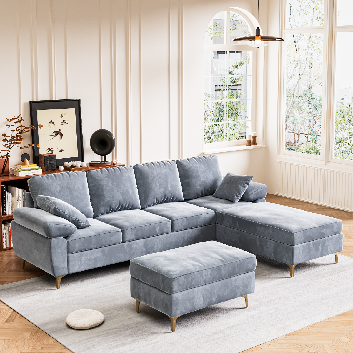 3 Seat L-Shaped Sofa With Linen Fabric Sectional Sofa Couch Movable Ottoman Small Couch for Small Apartments Living Room Home