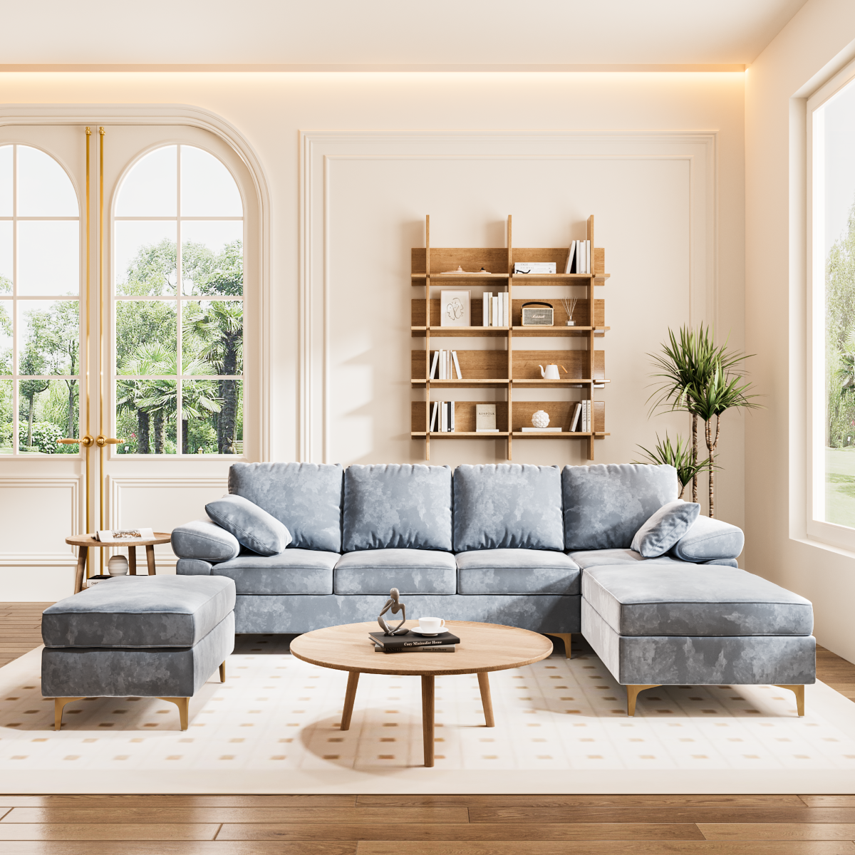 3 Seat L-Shaped Sofa With Linen Fabric Sectional Sofa Couch Movable Ottoman Small Couch for Small Apartments Living Room Home