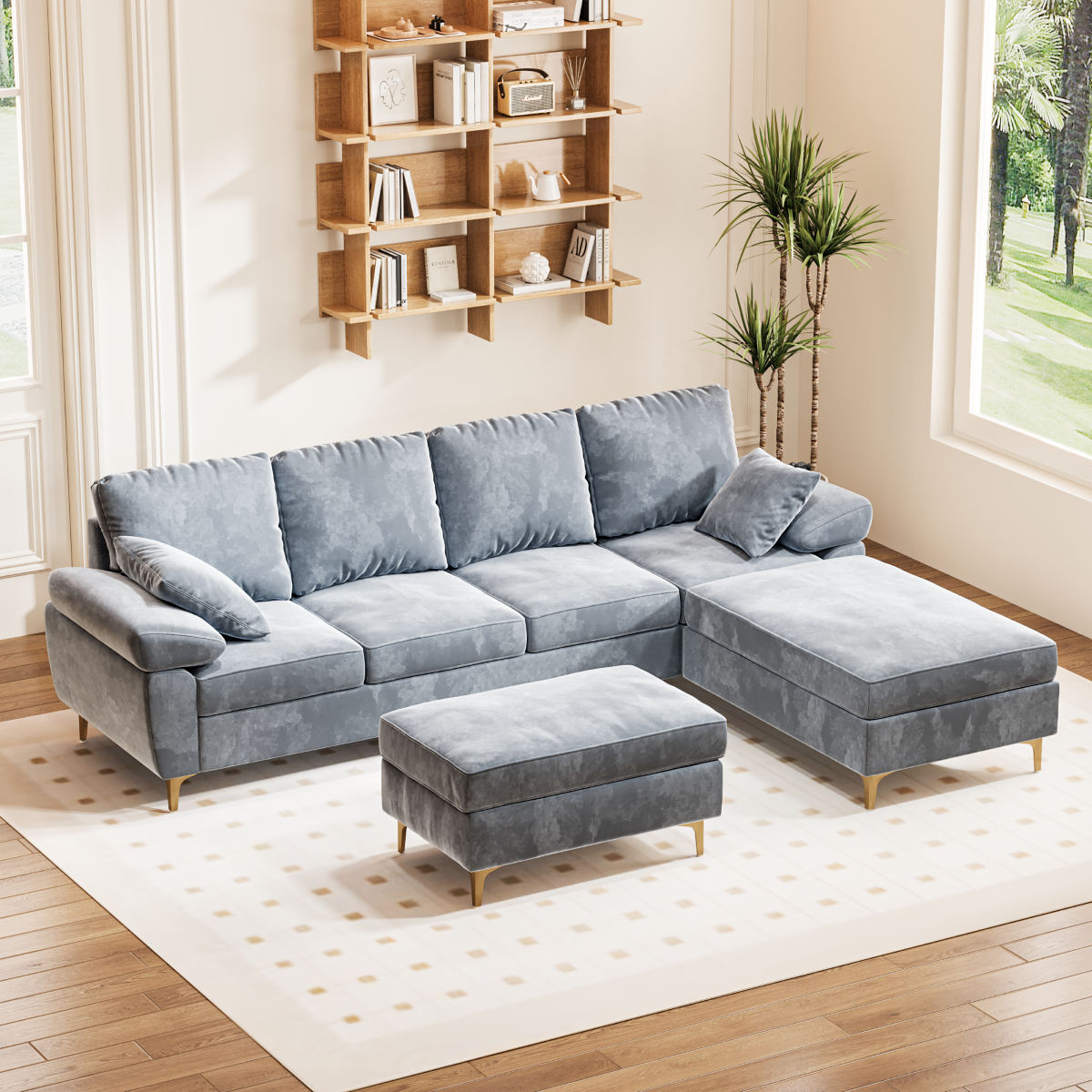 3 Seat L-Shaped Sofa With Linen Fabric Sectional Sofa Couch Movable Ottoman Small Couch for Small Apartments Living Room Home