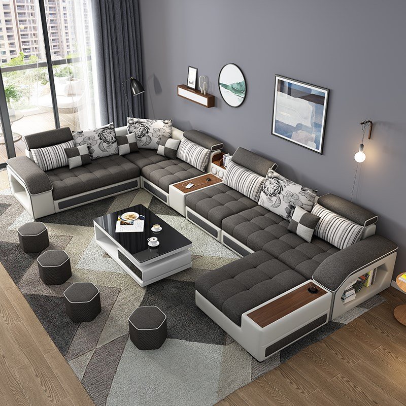Modern Living Room Sofas Set U Shaped Reclinable Couches Luxury Microfiber Fabric Sectional Sofa for Home Furniture 7 Seater L