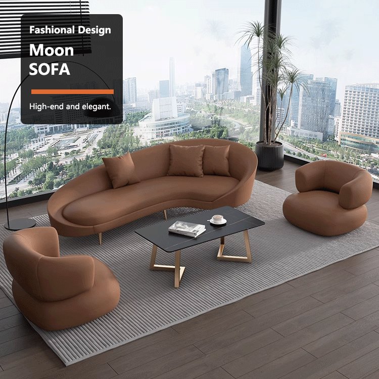 Custom New Design Small Size Moon Shape Fabric Hotel Reception Vintage Lounge Top Grain Brown Genuine Leather Living Room Sofa