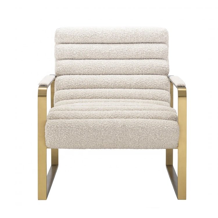 OEM New Design Luxury Style Living Room Furniture Boucle Fabric Lounge Chair with Gold Metal Frame.