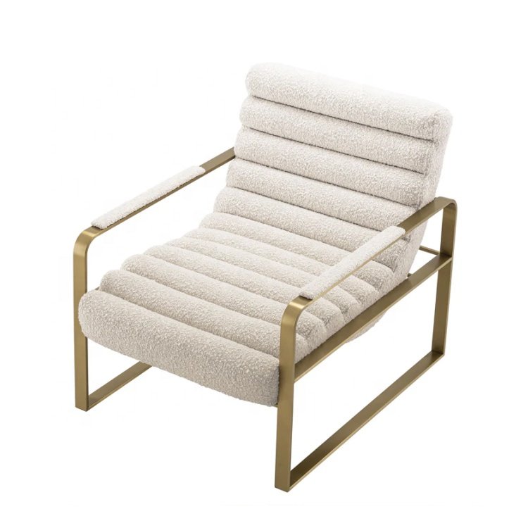 OEM New Design Luxury Style Living Room Furniture Boucle Fabric Lounge Chair with Gold Metal Frame.