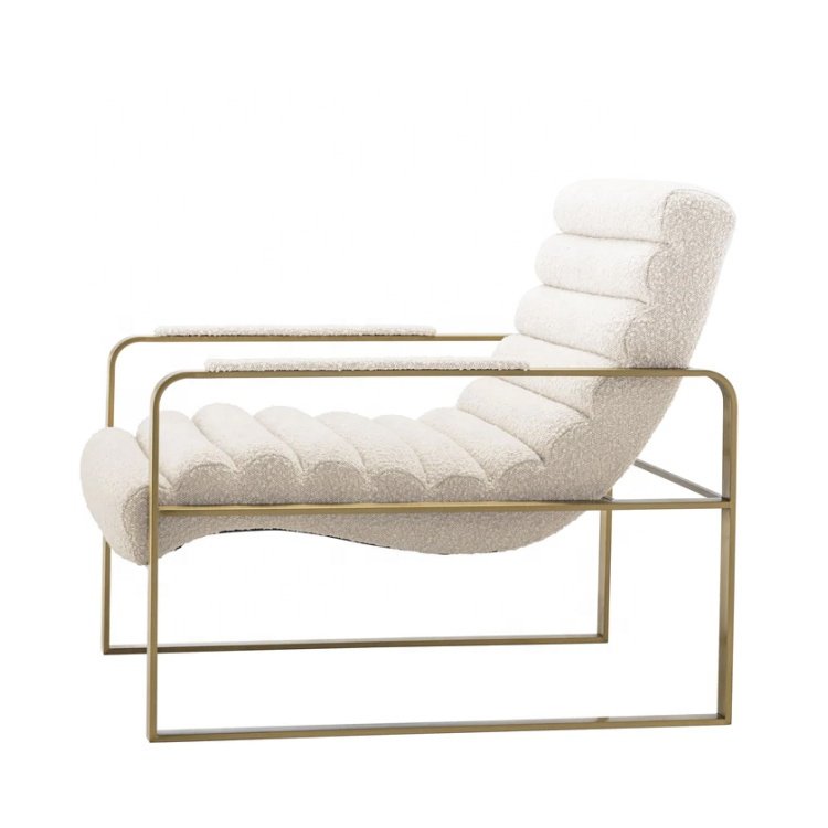 OEM New Design Luxury Style Living Room Furniture Boucle Fabric Lounge Chair with Gold Metal Frame.