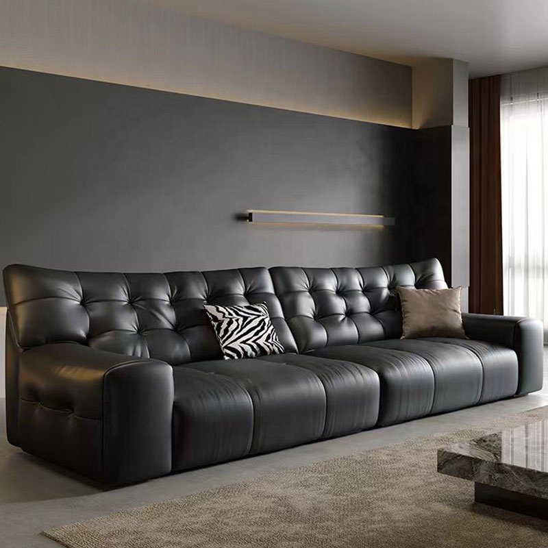 Black Tufted Convertible Sectional Sofa Three-Seat Set for Living Room Hotel Hall Villa Apartment Use