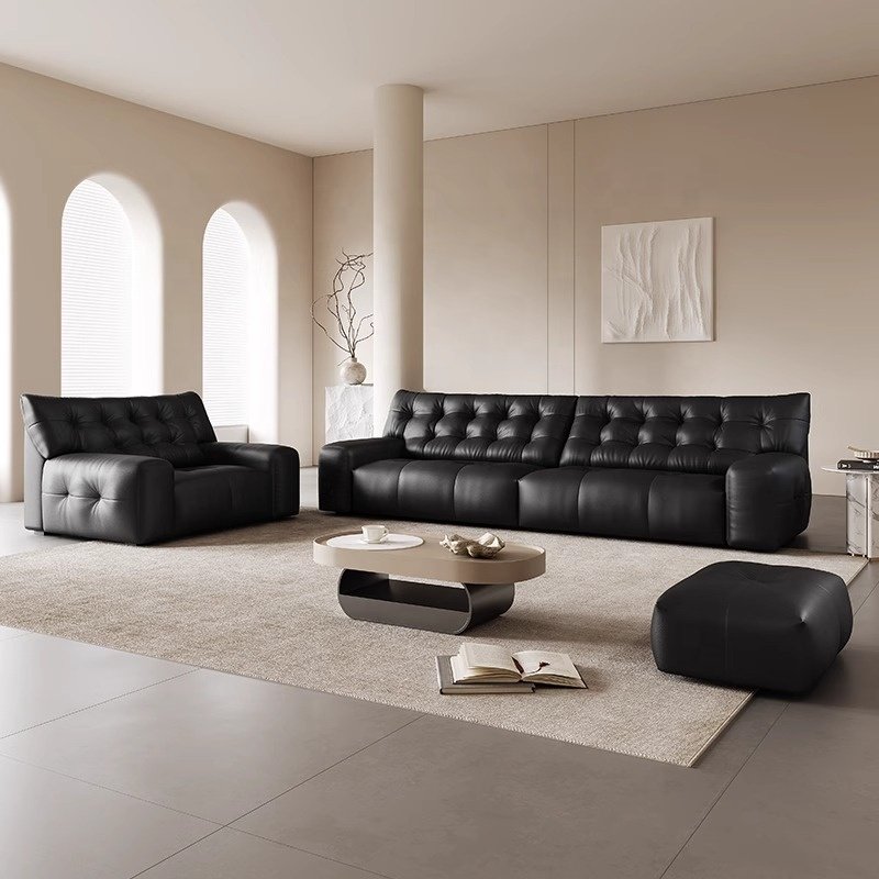 Black Tufted Convertible Sectional Sofa Three-Seat Set for Living Room Hotel Hall Villa Apartment Use
