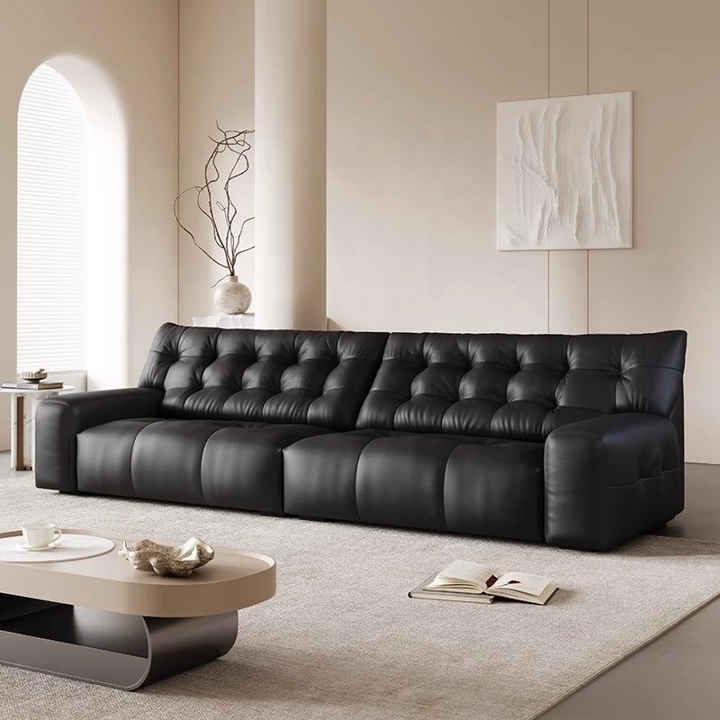 Black Tufted Convertible Sectional Sofa Three-Seat Set for Living Room Hotel Hall Villa Apartment Use