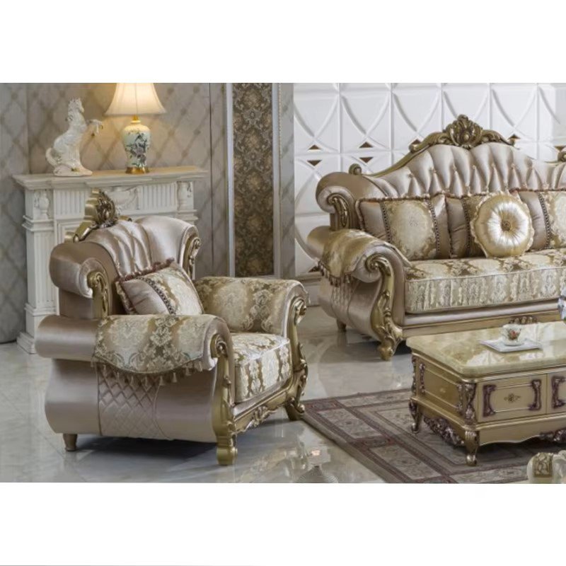 European Luxury 1 2 3 Seater Fabric Couches Sofa Set Villa Home Furniture Classic Royal Solid Wood Sectional Living Room Sofas
