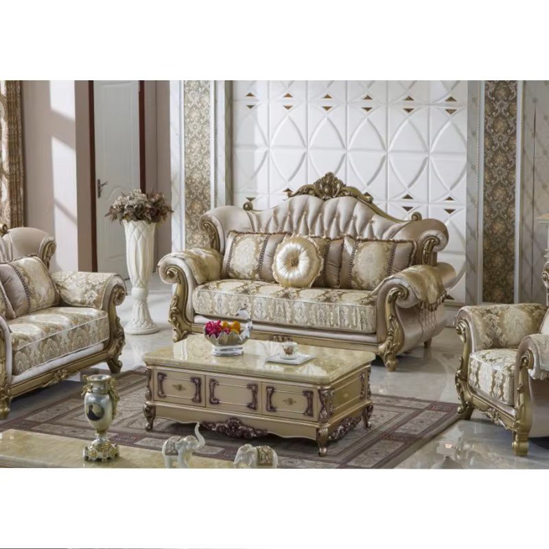 European Luxury 1 2 3 Seater Fabric Couches Sofa Set Villa Home Furniture Classic Royal Solid Wood Sectional Living Room Sofas