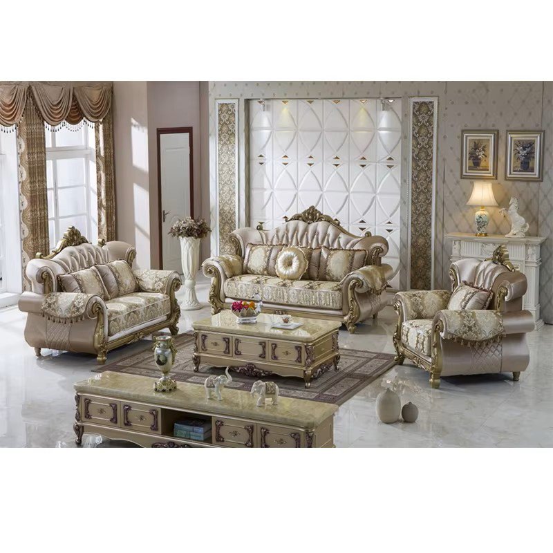 European Luxury 1 2 3 Seater Fabric Couches Sofa Set Villa Home Furniture Classic Royal Solid Wood Sectional Living Room Sofas