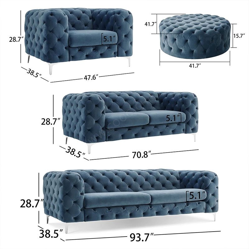 Green Fabric Chesterfield Design Modern Luxury Home Living Room Furniture Couch Velvet Sofa Set