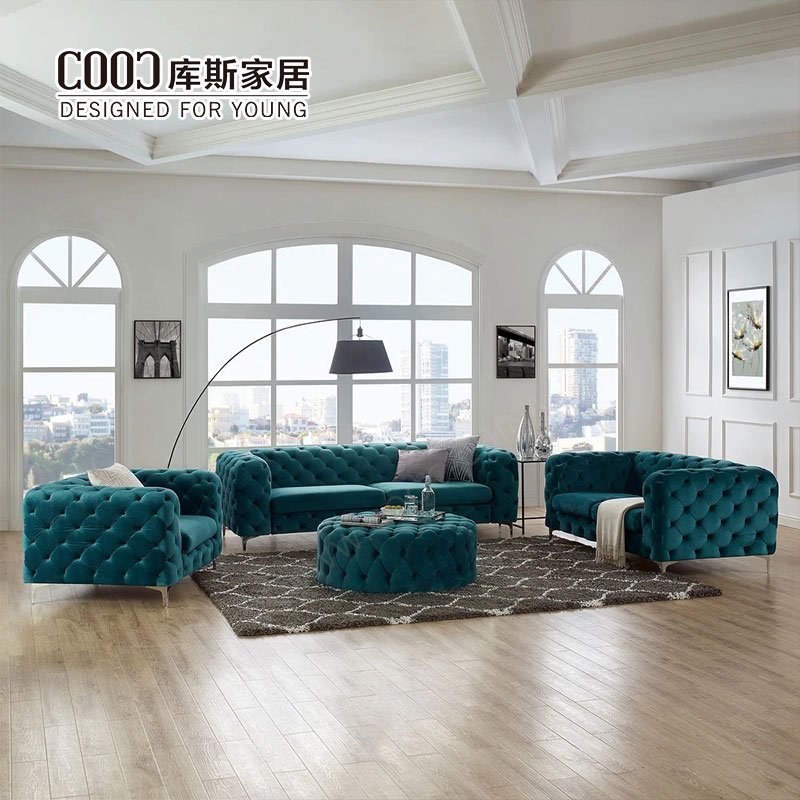 Green Fabric Chesterfield Design Modern Luxury Home Living Room Furniture Couch Velvet Sofa Set