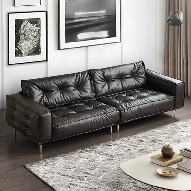 American style Minimalist Pure Black Leather Sectional Sofa Set Light Luxury 3 seater couch Retro Straight Row Living Room Sofas