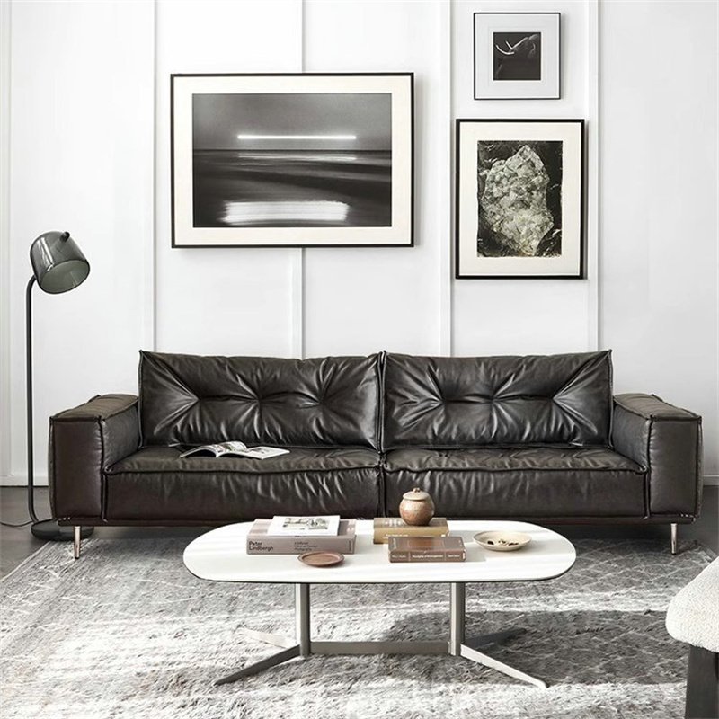 American style Minimalist Pure Black Leather Sectional Sofa Set Light Luxury 3 seater couch Retro Straight Row Living Room Sofas