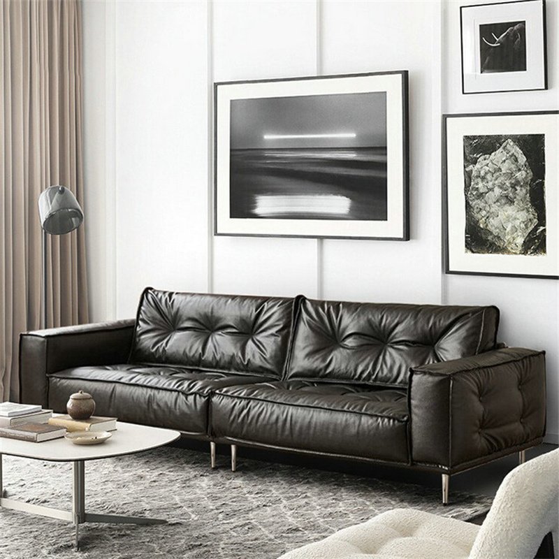 American style Minimalist Pure Black Leather Sectional Sofa Set Light Luxury 3 seater couch Retro Straight Row Living Room Sofas