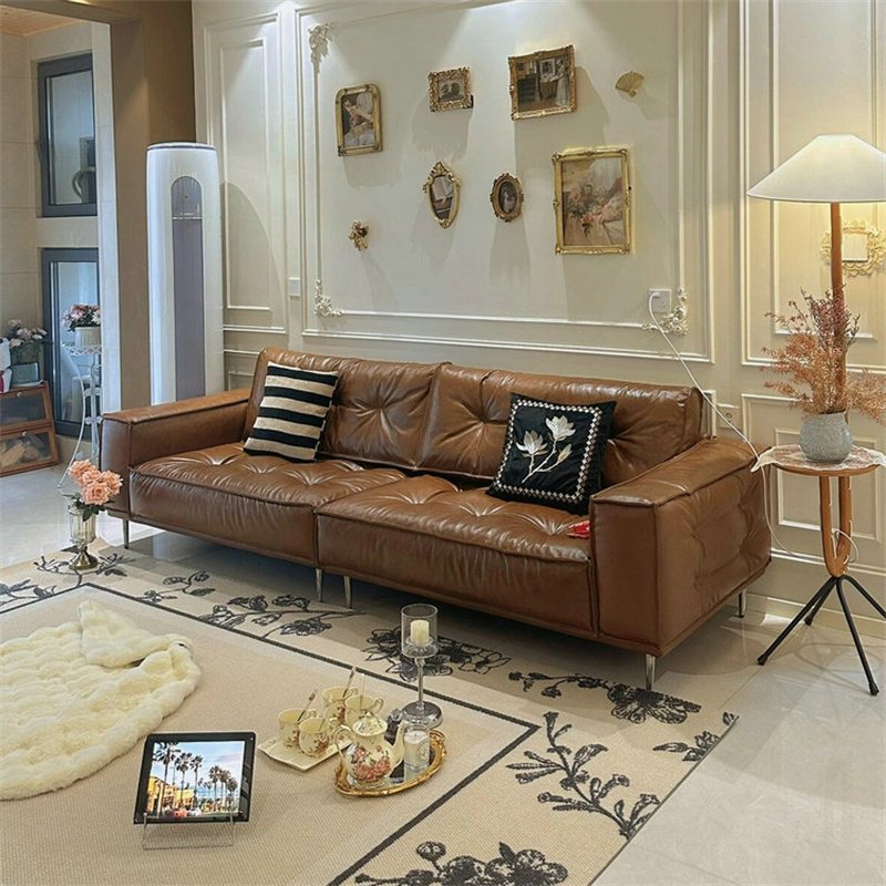 American style Minimalist Pure Black Leather Sectional Sofa Set Light Luxury 3 seater couch Retro Straight Row Living Room Sofas