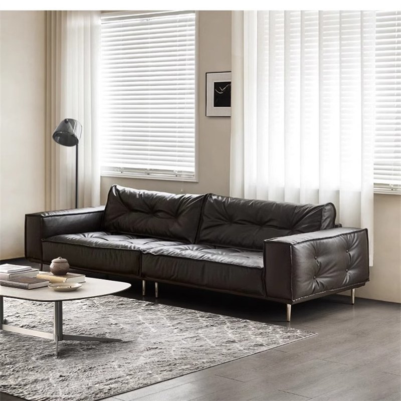 American style Minimalist Pure Black Leather Sectional Sofa Set Light Luxury 3 seater couch Retro Straight Row Living Room Sofas