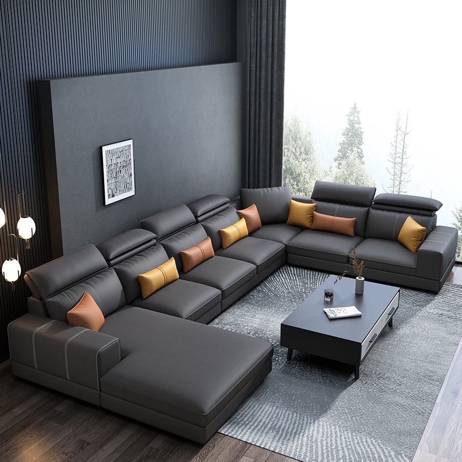 ATUNUS Furniture Manufacturer Living Room Sofas Set Genuine Leather Couch Lounge U Shape modular Sectional 7 SeaterSofa