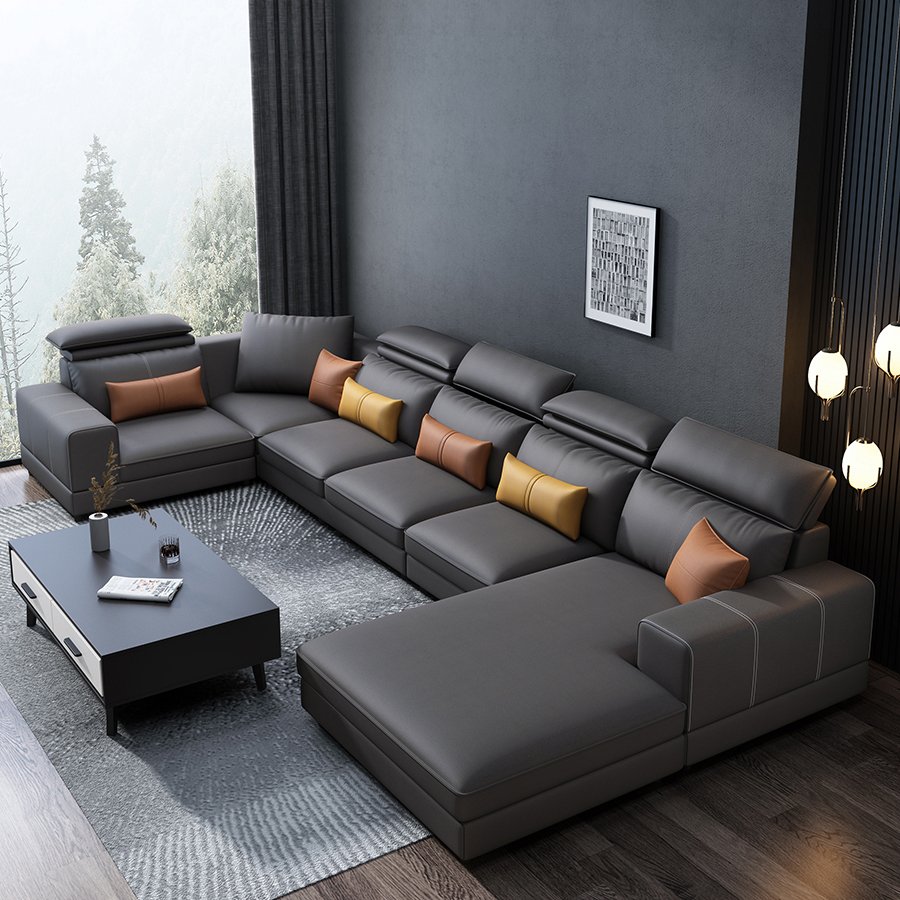 ATUNUS Furniture Manufacturer Living Room Sofas Set Genuine Leather Couch Lounge U Shape modular Sectional 7 SeaterSofa