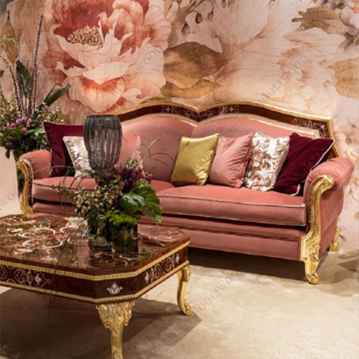 high end antique luxury pink and gold rococo style sofa sea shell French rococo living room furniture for girl women lady
