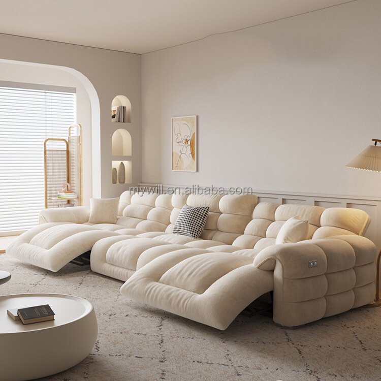 Electric retractable function leather sofa Italian minimalist living room small unit straight row three or four seater sofa
