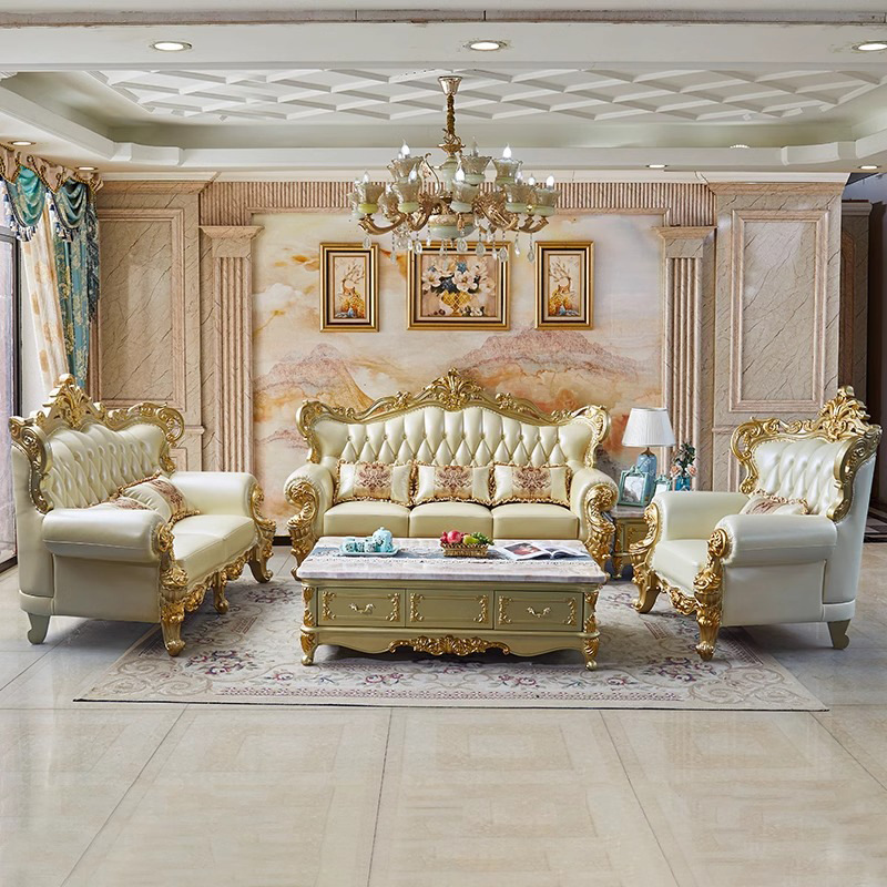Royal European Luxury Villa Living Room sofa Champagne Gold Solid Wood Carved Sofas Set 123 Combination Living room furniture