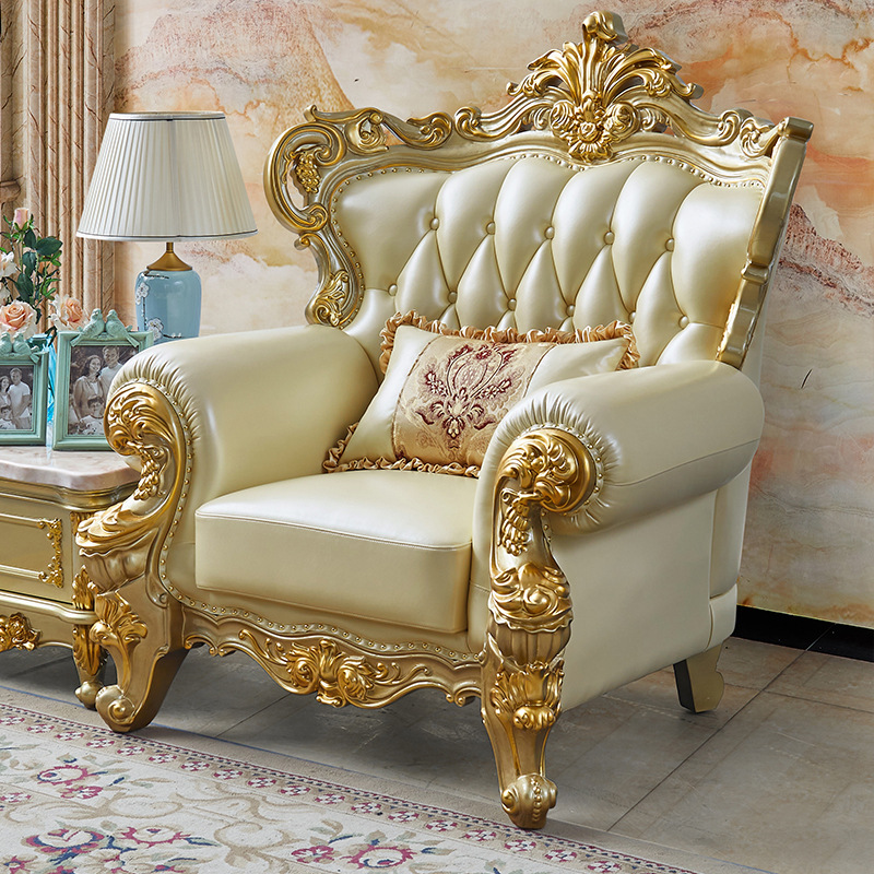 Royal European Luxury Villa Living Room sofa Champagne Gold Solid Wood Carved Sofas Set 123 Combination Living room furniture