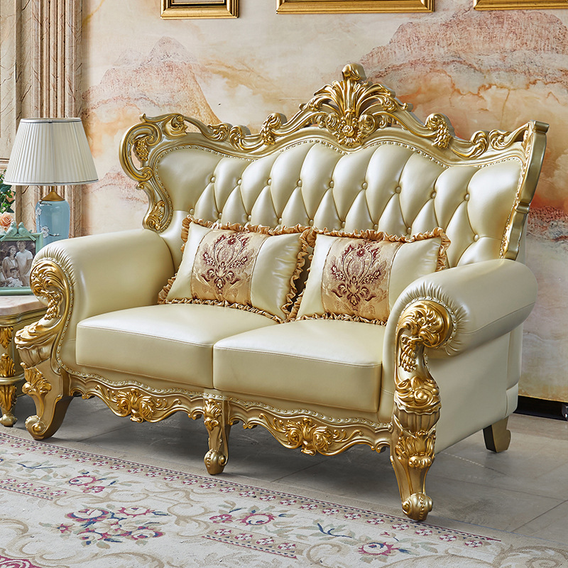 Royal European Luxury Villa Living Room sofa Champagne Gold Solid Wood Carved Sofas Set 123 Combination Living room furniture