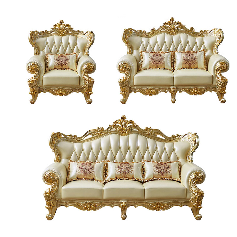 Royal European Luxury Villa Living Room sofa Champagne Gold Solid Wood Carved Sofas Set 123 Combination Living room furniture