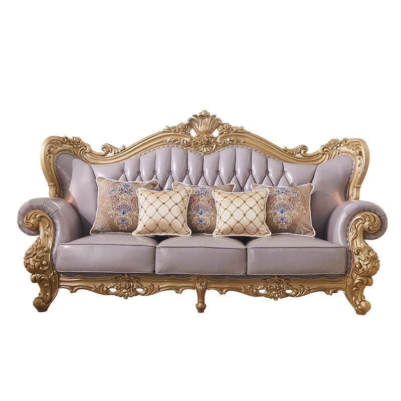 European style genuine leather and solid wood sofa can be used in villa living room retro elegant purple sofa