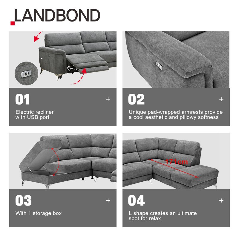 LANDBOND Fabric L Shape Sectional USB European style Living Room Sofa Set Furniture Recliner Corner Combination Sofa